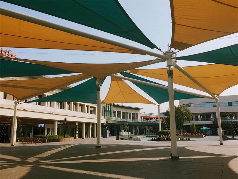 Large commercial plaza with extensive shade cloth canopy covering public gathering area, providing sun protection for visitors