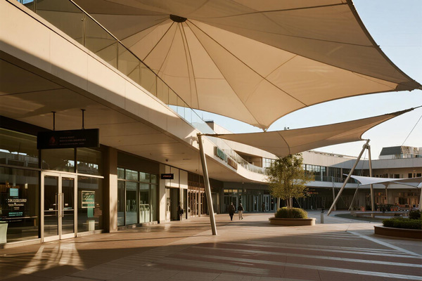 Mixed-use development plaza with shade structure covering seating, fountains and walking paths