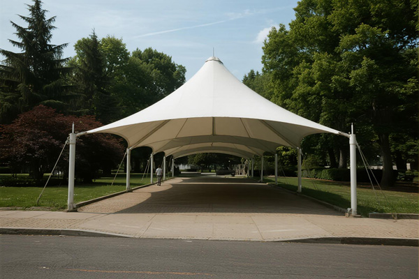 Botanical garden with decorative shade structures among plant displays