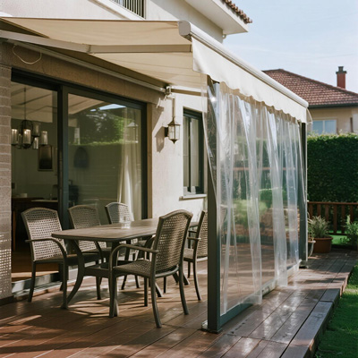 Patio rain curtains partially open for ventilation