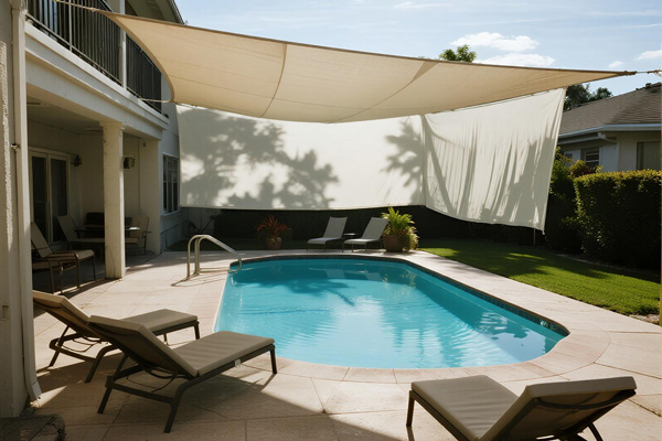 Residential backyard pool with rain cover protecting lounge area