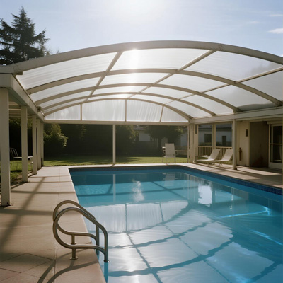 Poolside rain cover protecting lounge chairs during rain