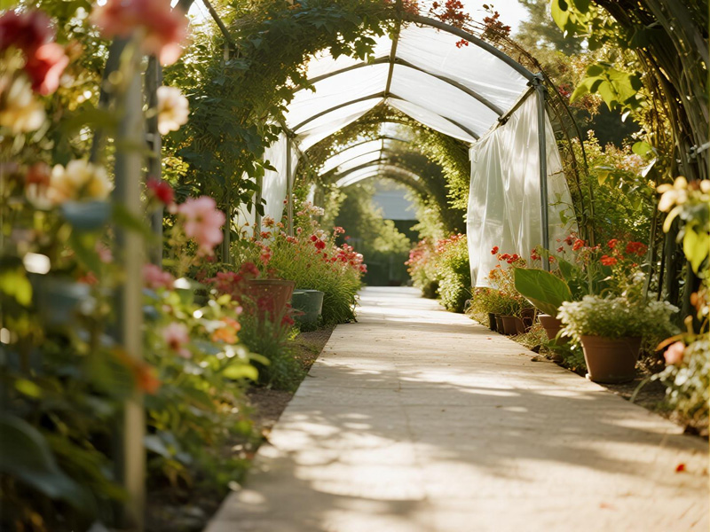 Garden path with transparent rain cover creating shelter over walkway during rainfall