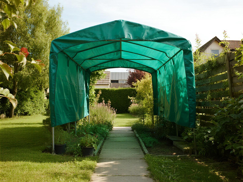 Garden path rain cover retracted during clear weather