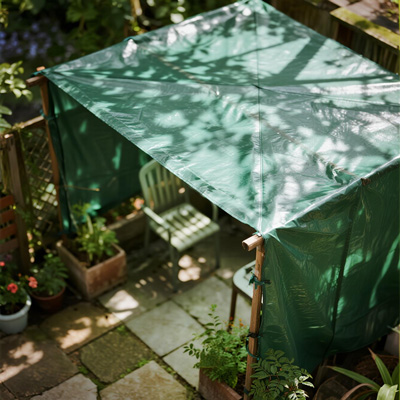 Garden path rain cover protecting visitors during rainfall