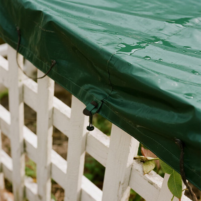 Close-up of rain cover attachment system
