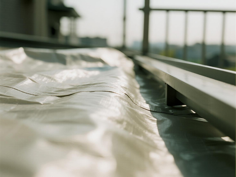 Balcony cover secured with bungee cords and hooks