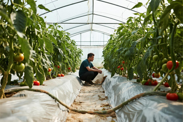 Tomato plants growing in greenhouse with inner film