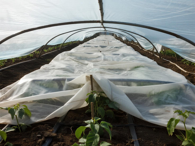 Frost protection fabric installed over young vegetable plants