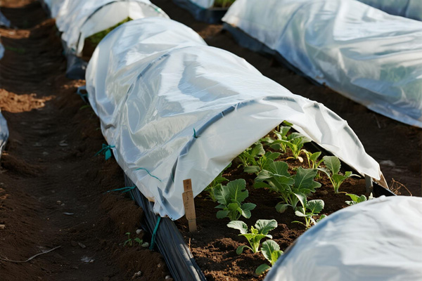 Vegetable seedlings protected by frost cloth