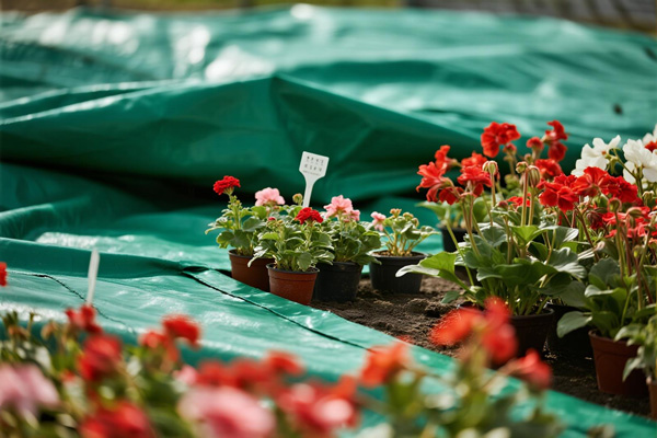 Flower seedlings covered with frost protection fabric