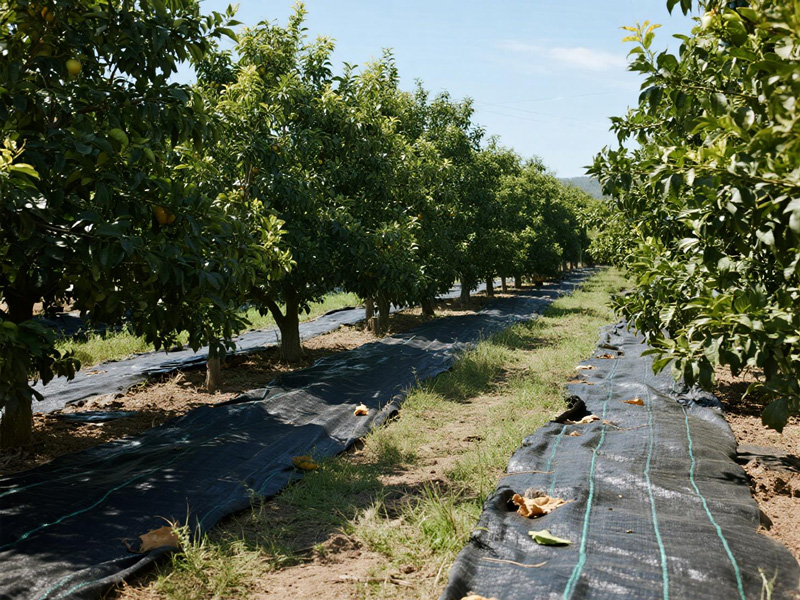 Orchard with mesh PE weed control fabric installed around fruit trees