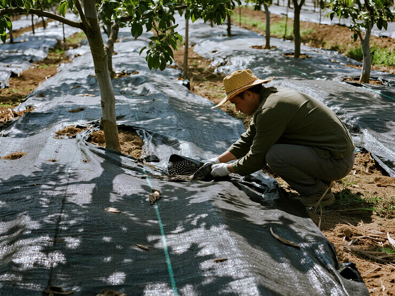 Installation of weed control fabric in young orchard
