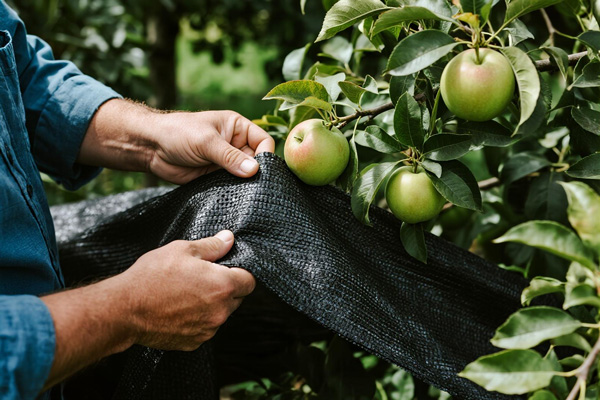 Apple orchard with weed control fabric installed