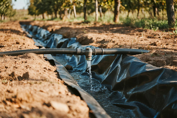 Irrigation channels in orchards with anti-leakage liner