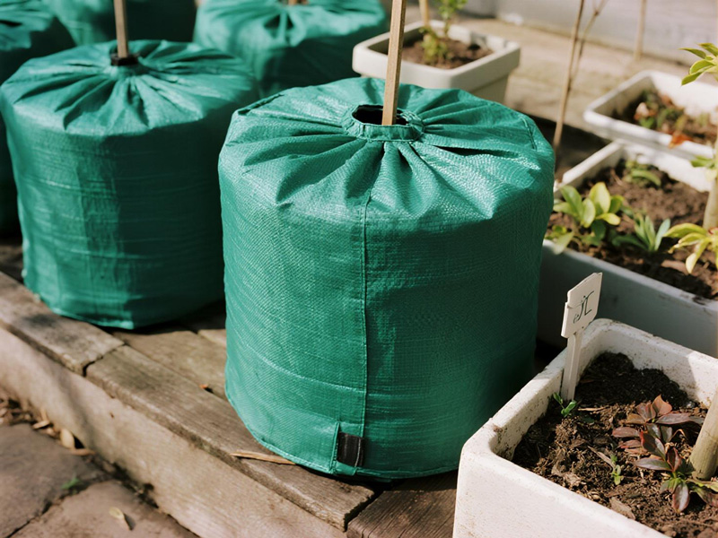 Insulated frost cover protecting potted plant during snow