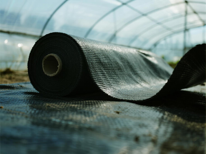 Plants growing in greenhouse with moisture-proof cloth under growing beds
