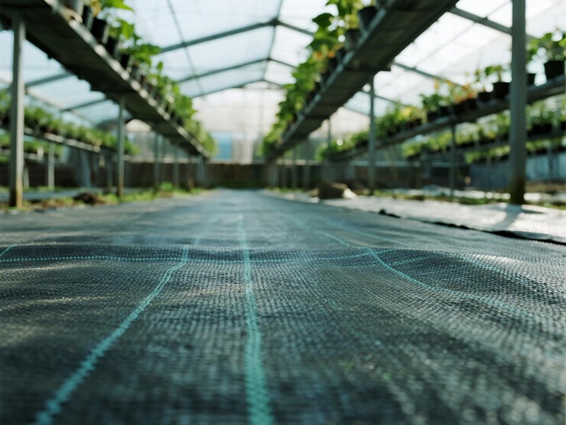 Installation of greenhouse floor cloth showing overlapping edges for complete coverage
