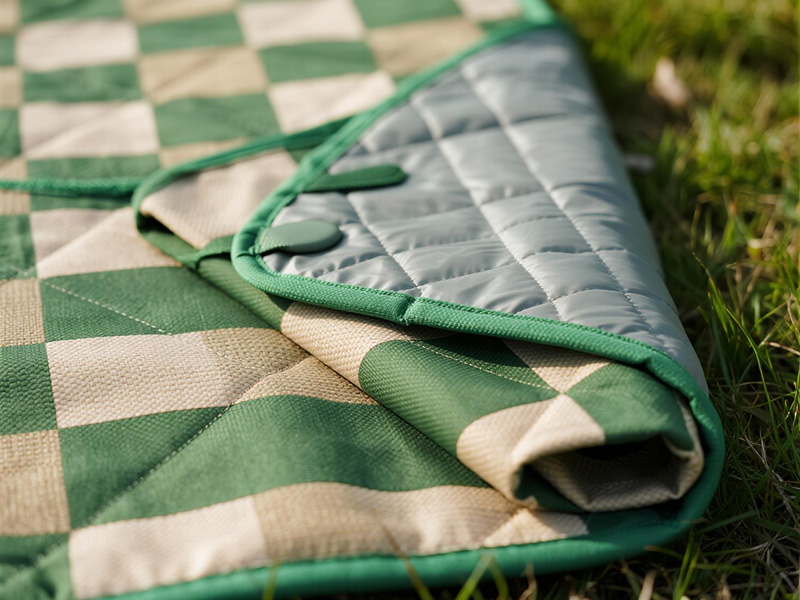 Picnic blanket folded into compact carry pouch