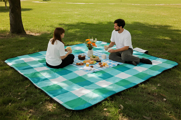 Outdoor concert with people sitting on picnic blanket