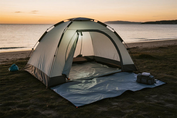 Beach camping with tent footprint protecting from sand and moisture