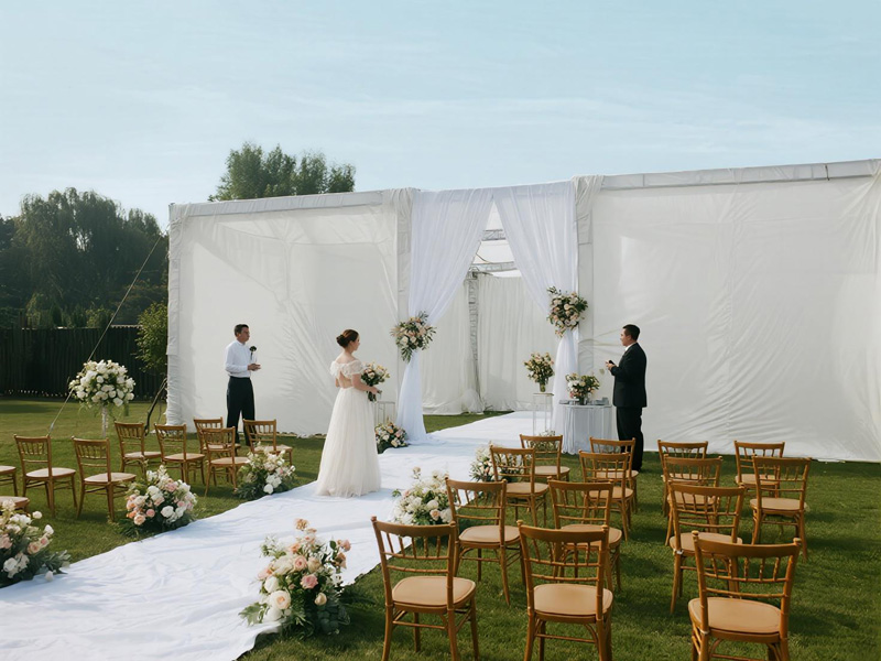 Elegant outdoor wedding setup with temporary cover protecting the ceremony area