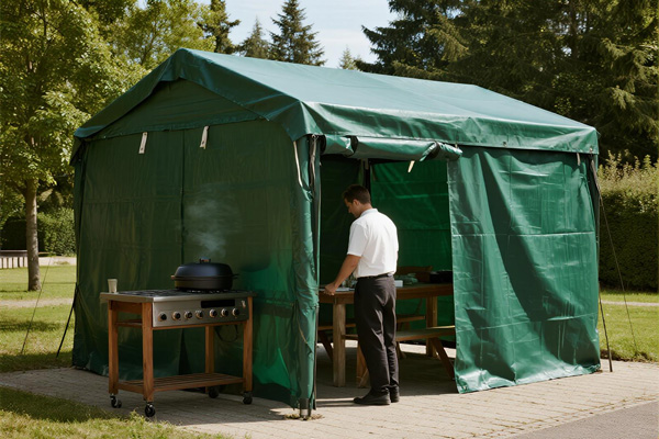 Commercial outdoor kitchen with protective cover
