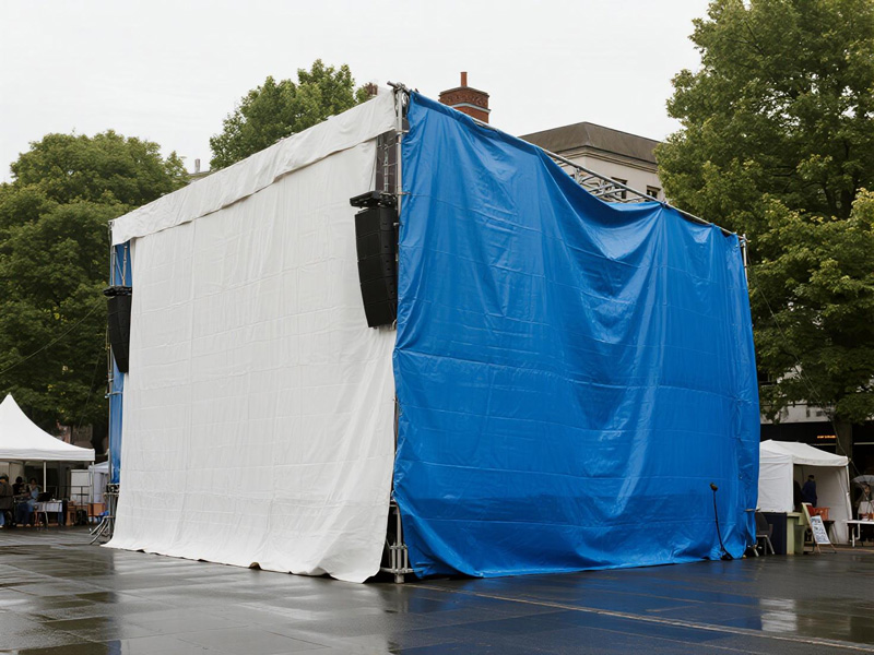 Outdoor concert stage with side rain covers protecting performers from rain