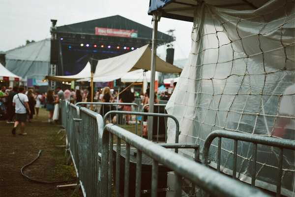 Music festival stage with side rain covers