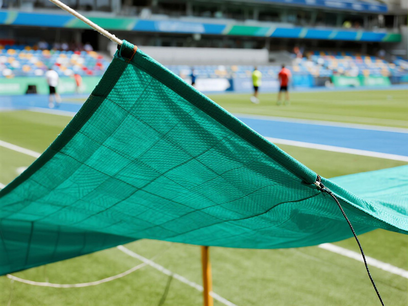 Close-up of sports court cover material showing UV protection and waterproof properties
