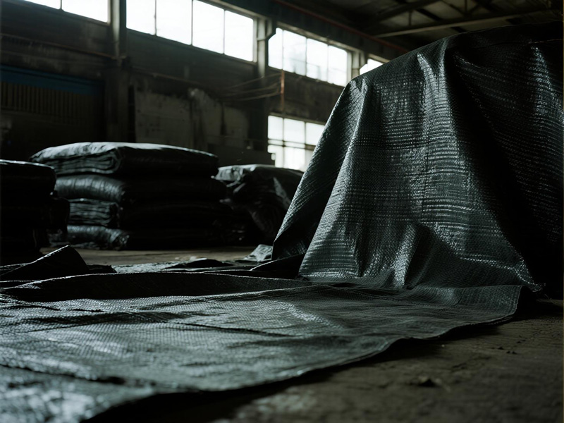 Close-up of heavy-duty tarp material showing reinforced weave and waterproof coating