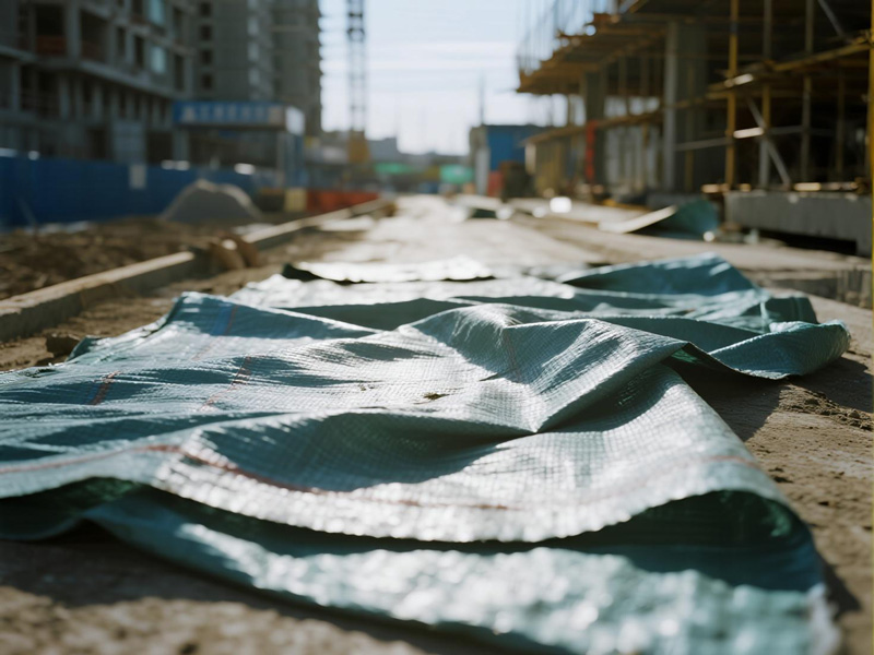 Workers installing temporary path cloth on construction site