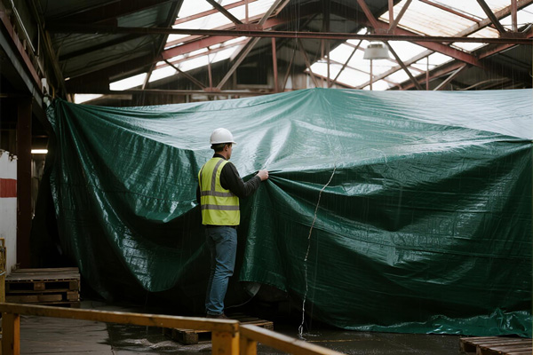 Tarp protecting palletized goods from water damage in warehouse