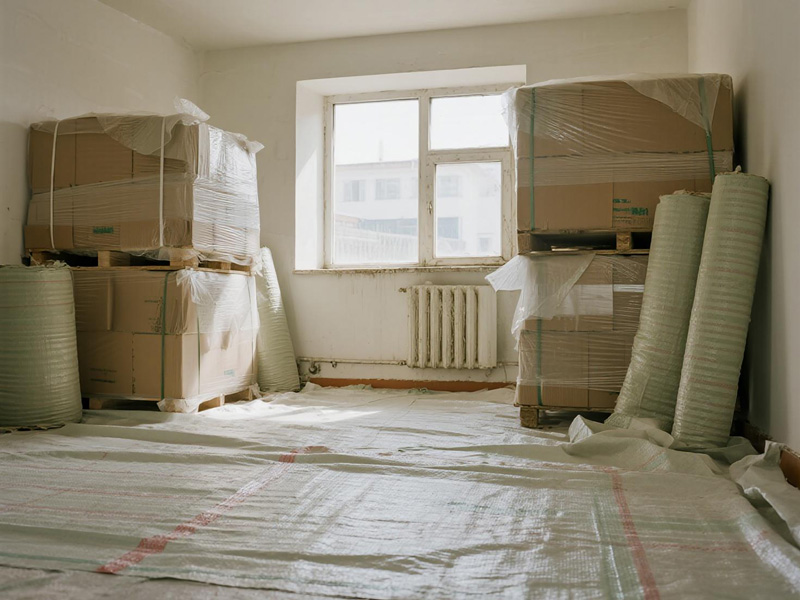 Palletized goods stacked on moisture-proof cloth in warehouse