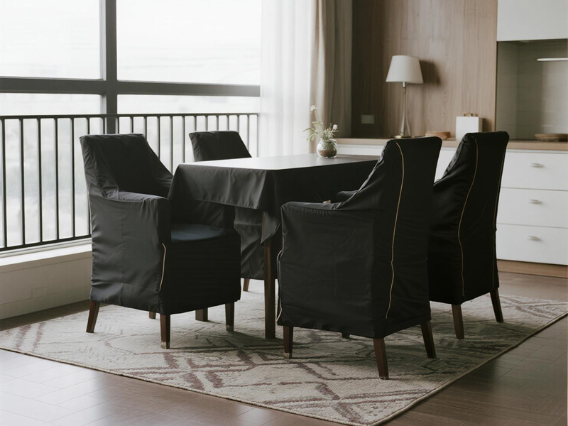 Dining table and chairs protected with Oxford fabric covers