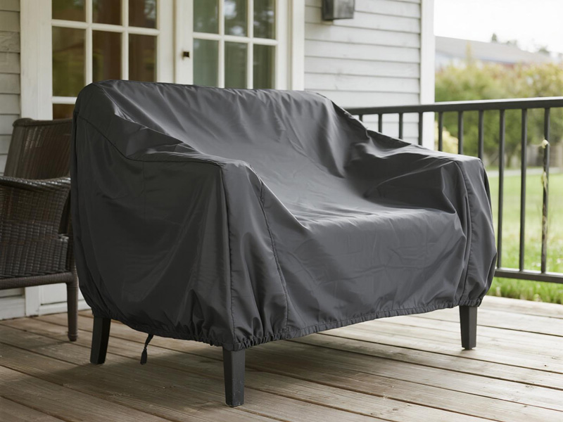 Outdoor patio furniture protected with Oxford fabric covers in garden setting
