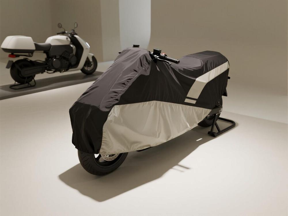 Motorcycle cover showing secure fit and design features