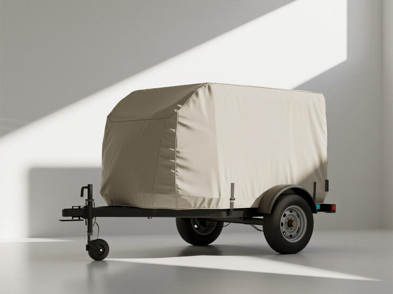 Small trailer protected with Oxford fabric cover in outdoor storage