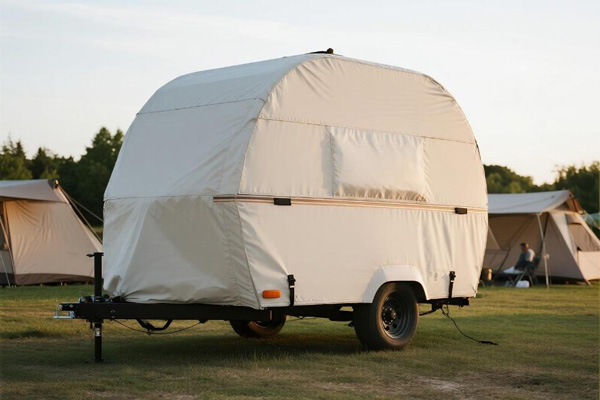 Covered camping trailer in storage facility