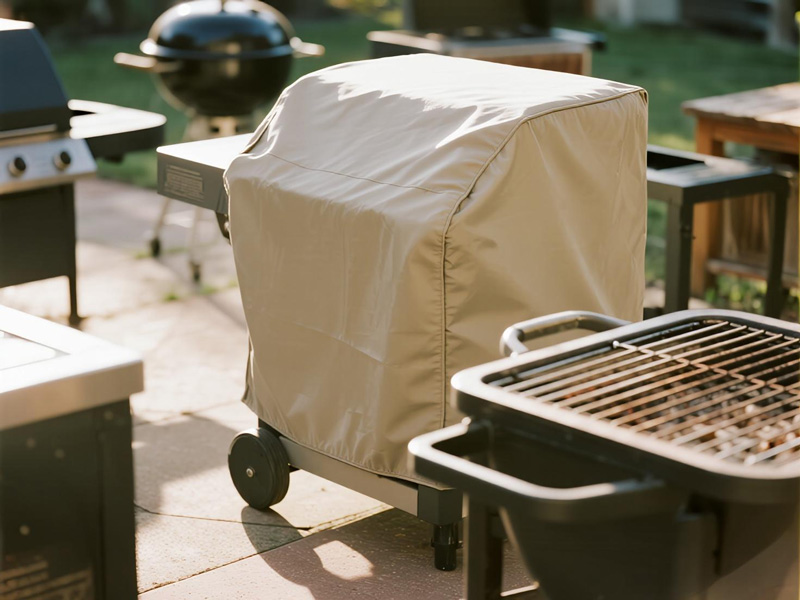 Grill cover in rainy conditions showing waterproof properties