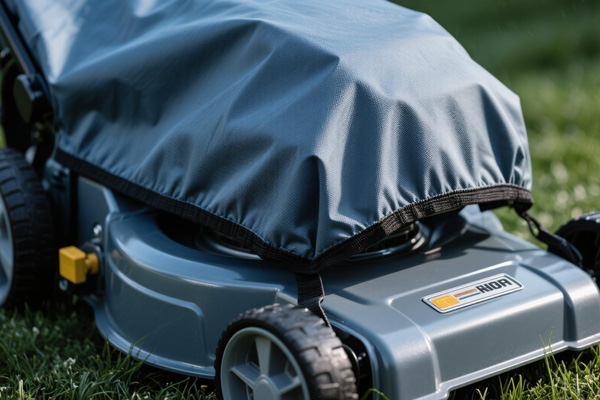 Covered lawn mower in garden shed