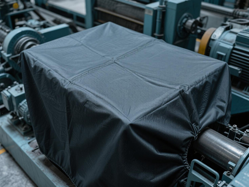 Industrial machine protected with Oxford fabric dust cover in factory setting