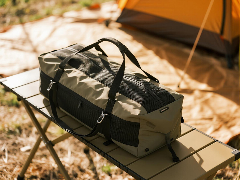 Camping equipment stored in Oxford fabric storage cover in garage