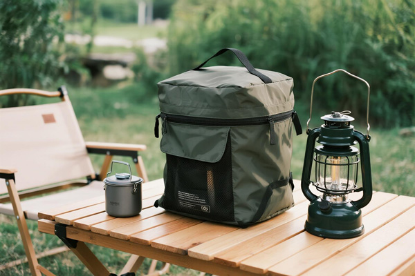 Camping accessories organized in storage cover