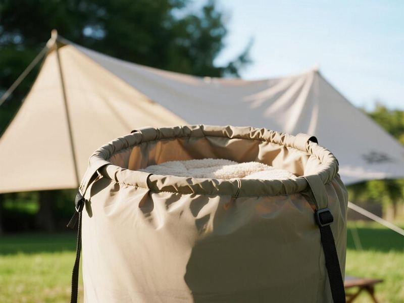Close-up of Oxford fabric tent accessory cover showing durable construction and compartment details