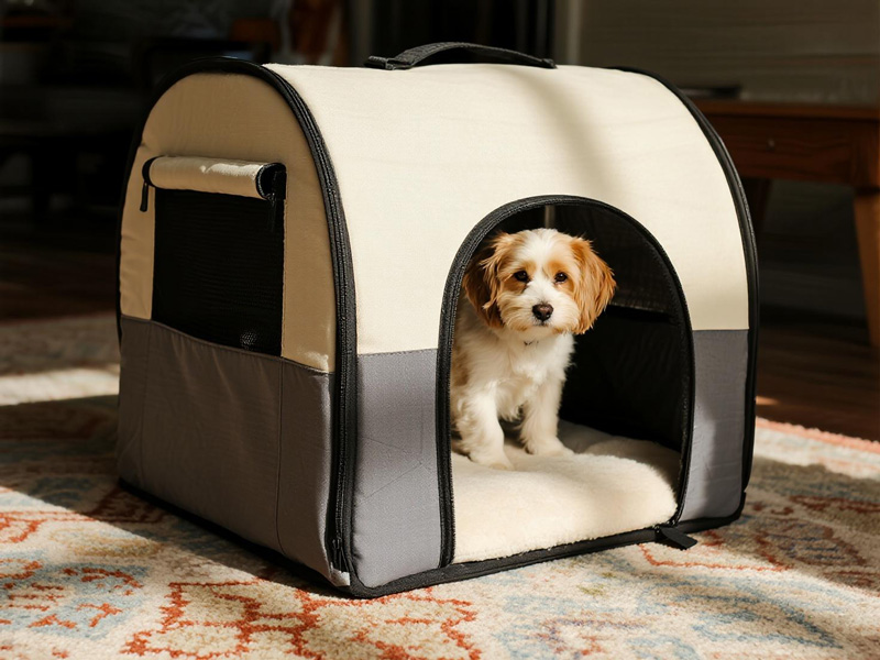 Dog in outdoor pet bed covered with Oxford fabric protector