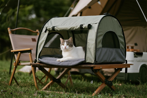 Pet bed cover at campsite