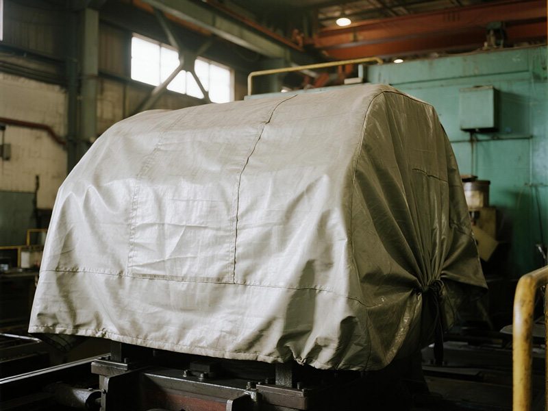 Large manufacturing equipment protected by dust cover