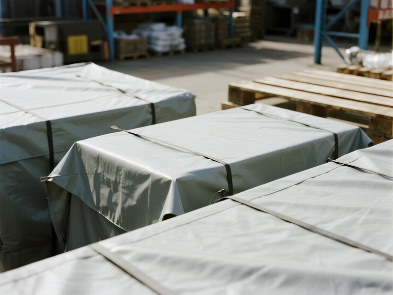 Close-up of heavy-duty polyester cargo cover showing reinforced seams and waterproof construction