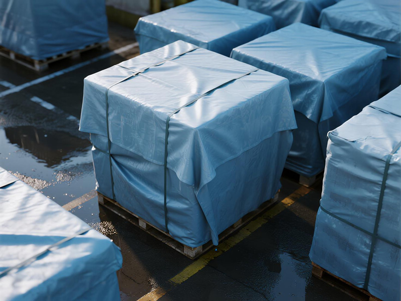 Logistics cargo cover showing secure fit over stacked goods in warehouse yard
